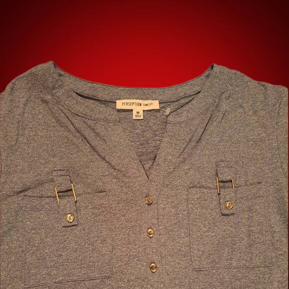 New Medium Dark Gray "PerSeption Concept" Top Front Pockets Button Ruched Sleeve - Picture 3 of 9